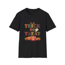 Load image into Gallery viewer, Halloween Trick or Treat Unisex Softstyle T-Shirt | Fun Halloween Tee, Spooky Shirt, Fall Apparel, Trick or Treat Shirt, Costume Party Top

