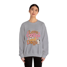 Load image into Gallery viewer, Love Coffee and Dogs Crewneck Sweatshirt, Cozy Gift for Dog Lovers, Perfect for Fall/Winter, Pet Lovers Apparel, Casual Lounge Wear
