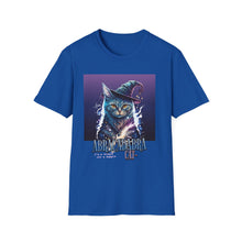 Load image into Gallery viewer, Magical Cat T-Shirt, Unisex Softstyle Tee, Halloween Costume Shirt, Wizard Cat Apparel, Gift for Cat Lovers, Witch Kitty Tee
