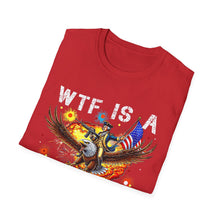 Load image into Gallery viewer, Witty Graphic Tee - "WTF is a Kilometer?" | Unisex Softstyle T-Shirt for Travel Lovers, Funnies, Humor Gifts, Casual Wear, Everyday Use
