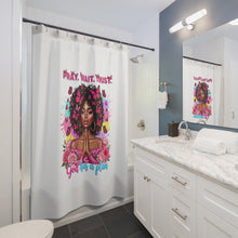 Load image into Gallery viewer, Black Girl Magic Shower Curtain - Pray Wait Trust - Boho Bathroom Decor, Inspirational Home Decor, Gift for Her, Butterfly Art
