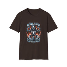 Load image into Gallery viewer, Gothic Motorcycle Tee, Unisex Softstyle T-Shirt for Bikers, Perfect Gift for Riders, Festival Wear, Casual Street Style, Skull Design
