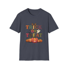 Load image into Gallery viewer, Halloween Trick or Treat Unisex Softstyle T-Shirt | Fun Halloween Tee, Spooky Shirt, Fall Apparel, Trick or Treat Shirt, Costume Party Top
