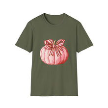 Load image into Gallery viewer, Cute Pumpkin Bow Unisex T-Shirt, Fall Fashion Tee, Halloween Gift, Thanksgiving Apparel, Cozy Autumn Vibes
