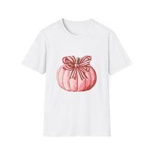 Load image into Gallery viewer, Cute Pumpkin Bow Unisex T-Shirt, Fall Fashion Tee, Halloween Gift, Thanksgiving Apparel, Cozy Autumn Vibes
