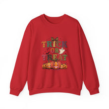 Load image into Gallery viewer, Halloween Trick or Treat Sweatshirt, Cozy Fall Crewneck, Unisex Casual Wear, Perfect for Halloween Parties, Pumpkin Lovers Gift

