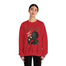 Load image into Gallery viewer, Zombies &amp; Coffee Crewneck Sweatshirt, Unique Gift for Coffee Lovers, Fun Graphic Sweatshirt, Halloween Apparel, Cozy Unisex Top
