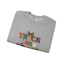 Load image into Gallery viewer, Halloween Trick or Treat Sweatshirt, Cozy Fall Crewneck, Unisex Casual Wear, Perfect for Halloween Parties, Pumpkin Lovers Gift
