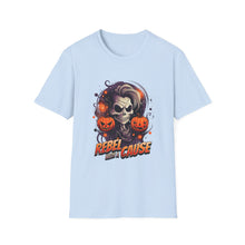 Load image into Gallery viewer, Halloween Rebel Skull Tee, Unisex T-Shirt, Softstyle Graphic Shirt, Halloween Costume, Fall Apparel, Gift for Him/Her
