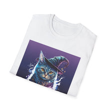 Load image into Gallery viewer, Magical Cat T-Shirt, Unisex Softstyle Tee, Halloween Costume Shirt, Wizard Cat Apparel, Gift for Cat Lovers, Witch Kitty Tee
