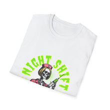 Load image into Gallery viewer, Halloween Night Shift Skeleton T-Shirt, Unisex Graphic Tee, Spooky Shirt for Halloween, Gifts for Nurses, Night Owls
