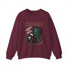 Load image into Gallery viewer, Zombies &amp; Coffee Crewneck Sweatshirt, Unique Gift for Coffee Lovers, Fun Graphic Sweatshirt, Halloween Apparel, Cozy Unisex Top
