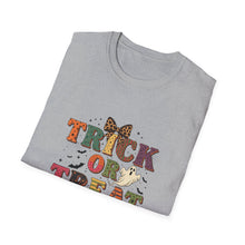Load image into Gallery viewer, Halloween Trick or Treat Unisex Softstyle T-Shirt | Fun Halloween Tee, Spooky Shirt, Fall Apparel, Trick or Treat Shirt, Costume Party Top
