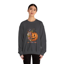 Load image into Gallery viewer, Pumpkin Flower Crewneck Sweatshirt | Cozy Spooky Vibes | Fall Fashion, Halloween Sweatshirt, Unisex Apparel, Autumn Gift, Festival Wear
