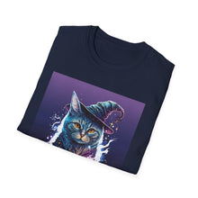 Load image into Gallery viewer, Magical Cat T-Shirt, Unisex Softstyle Tee, Halloween Costume Shirt, Wizard Cat Apparel, Gift for Cat Lovers, Witch Kitty Tee
