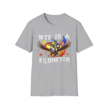Load image into Gallery viewer, Witty Graphic Tee - "WTF is a Kilometer?" | Unisex Softstyle T-Shirt for Travel Lovers, Funnies, Humor Gifts, Casual Wear, Everyday Use
