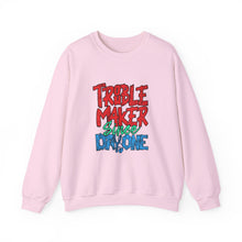 Load image into Gallery viewer, Troublemaker Crewneck Sweatshirt | Comfortable Casual Wear, Fun Gift, Holiday Sweatshirt, Unique Fashion, Day One Wear
