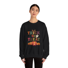Load image into Gallery viewer, Halloween Trick or Treat Sweatshirt, Cozy Fall Crewneck, Unisex Casual Wear, Perfect for Halloween Parties, Pumpkin Lovers Gift
