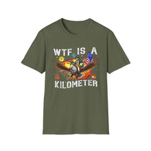 Load image into Gallery viewer, Witty Graphic Tee - "WTF is a Kilometer?" | Unisex Softstyle T-Shirt for Travel Lovers, Funnies, Humor Gifts, Casual Wear, Everyday Use
