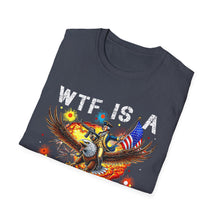 Load image into Gallery viewer, Witty Graphic Tee - "WTF is a Kilometer?" | Unisex Softstyle T-Shirt for Travel Lovers, Funnies, Humor Gifts, Casual Wear, Everyday Use
