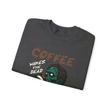 Load image into Gallery viewer, Zombies &amp; Coffee Crewneck Sweatshirt, Unique Gift for Coffee Lovers, Fun Graphic Sweatshirt, Halloween Apparel, Cozy Unisex Top
