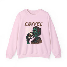 Load image into Gallery viewer, Zombies &amp; Coffee Crewneck Sweatshirt, Unique Gift for Coffee Lovers, Fun Graphic Sweatshirt, Halloween Apparel, Cozy Unisex Top
