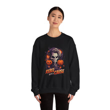 Load image into Gallery viewer, Rebel with a Cause Crewneck Sweatshirt | Halloween Sweatshirt, Unisex Fall Apparel, Cozy Casual Wear, Spooky Season Clothing, Gothic Style

