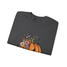 Load image into Gallery viewer, Pumpkin Flower Crewneck Sweatshirt | Cozy Spooky Vibes | Fall Fashion, Halloween Sweatshirt, Unisex Apparel, Autumn Gift, Festival Wear
