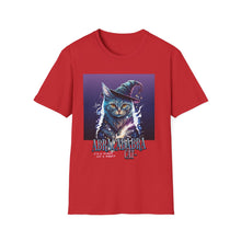 Load image into Gallery viewer, Magical Cat T-Shirt, Unisex Softstyle Tee, Halloween Costume Shirt, Wizard Cat Apparel, Gift for Cat Lovers, Witch Kitty Tee
