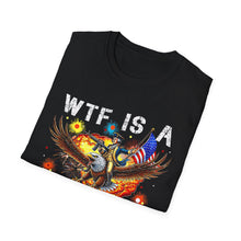 Load image into Gallery viewer, Witty Graphic Tee - "WTF is a Kilometer?" | Unisex Softstyle T-Shirt for Travel Lovers, Funnies, Humor Gifts, Casual Wear, Everyday Use
