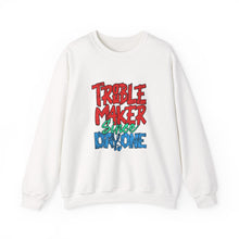 Load image into Gallery viewer, Troublemaker Crewneck Sweatshirt | Comfortable Casual Wear, Fun Gift, Holiday Sweatshirt, Unique Fashion, Day One Wear
