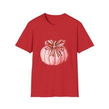 Load image into Gallery viewer, Cute Pumpkin Bow Unisex T-Shirt, Fall Fashion Tee, Halloween Gift, Thanksgiving Apparel, Cozy Autumn Vibes
