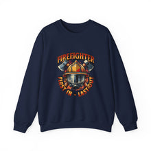Load image into Gallery viewer, Firefighter Crewneck Sweatshirt - First In Last Out, Unisex Sweatshirt, Firefighter Gift, Casual Warmth, Everyday Apparel
