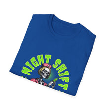 Load image into Gallery viewer, Halloween Night Shift Skeleton T-Shirt, Unisex Graphic Tee, Spooky Shirt for Halloween, Gifts for Nurses, Night Owls
