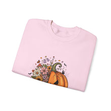 Load image into Gallery viewer, Pumpkin Flower Crewneck Sweatshirt | Cozy Spooky Vibes | Fall Fashion, Halloween Sweatshirt, Unisex Apparel, Autumn Gift, Festival Wear
