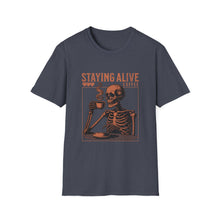 Load image into Gallery viewer, Stay Alive Coffee Skeleton T-Shirt | Unisex Casual Tee | Perfect Gift for Coffee Lovers, Halloween, &amp; Quirky Fashion
