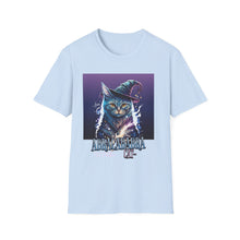 Load image into Gallery viewer, Magical Cat T-Shirt, Unisex Softstyle Tee, Halloween Costume Shirt, Wizard Cat Apparel, Gift for Cat Lovers, Witch Kitty Tee
