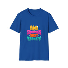 Load image into Gallery viewer, Motivational Unisex Softstyle T-Shirt - "No Excuses Just Results", Gym Shirt, Fitness Apparel, Casual Wear, Gift for Athletes
