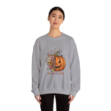 Load image into Gallery viewer, Pumpkin Flower Crewneck Sweatshirt | Cozy Spooky Vibes | Fall Fashion, Halloween Sweatshirt, Unisex Apparel, Autumn Gift, Festival Wear
