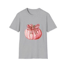 Load image into Gallery viewer, Cute Pumpkin Bow Unisex T-Shirt, Fall Fashion Tee, Halloween Gift, Thanksgiving Apparel, Cozy Autumn Vibes
