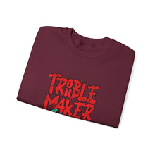 Load image into Gallery viewer, Troublemaker Crewneck Sweatshirt | Comfortable Casual Wear, Fun Gift, Holiday Sweatshirt, Unique Fashion, Day One Wear

