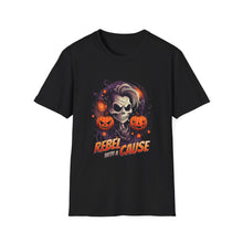 Load image into Gallery viewer, Halloween Rebel Skull Tee, Unisex T-Shirt, Softstyle Graphic Shirt, Halloween Costume, Fall Apparel, Gift for Him/Her
