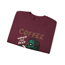 Load image into Gallery viewer, Zombies &amp; Coffee Crewneck Sweatshirt, Unique Gift for Coffee Lovers, Fun Graphic Sweatshirt, Halloween Apparel, Cozy Unisex Top
