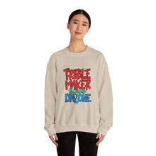Load image into Gallery viewer, Troublemaker Crewneck Sweatshirt | Comfortable Casual Wear, Fun Gift, Holiday Sweatshirt, Unique Fashion, Day One Wear

