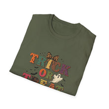 Load image into Gallery viewer, Halloween Trick or Treat Unisex Softstyle T-Shirt | Fun Halloween Tee, Spooky Shirt, Fall Apparel, Trick or Treat Shirt, Costume Party Top
