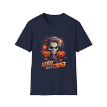 Load image into Gallery viewer, Halloween Rebel Skull Tee, Unisex T-Shirt, Softstyle Graphic Shirt, Halloween Costume, Fall Apparel, Gift for Him/Her
