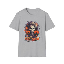 Load image into Gallery viewer, Halloween Rebel Skull Tee, Unisex T-Shirt, Softstyle Graphic Shirt, Halloween Costume, Fall Apparel, Gift for Him/Her
