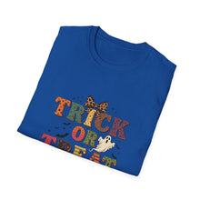 Load image into Gallery viewer, Halloween Trick or Treat Unisex Softstyle T-Shirt | Fun Halloween Tee, Spooky Shirt, Fall Apparel, Trick or Treat Shirt, Costume Party Top
