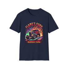 Load image into Gallery viewer, Unisex Flame's Fury Burnout King T-Shirt, Graphic Tee for Car Lovers, Great Gift for Birthdays &amp; Gatherings, Perfect for Auto Shows, [...]
