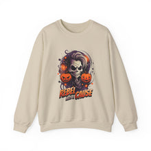 Load image into Gallery viewer, Rebel with a Cause Crewneck Sweatshirt | Halloween Sweatshirt, Unisex Fall Apparel, Cozy Casual Wear, Spooky Season Clothing, Gothic Style
